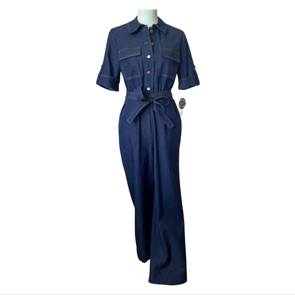 Shelby & Palmer Pants - Vintage Denim Jumpsuit Romper With Short Sleeve And Wide Leg